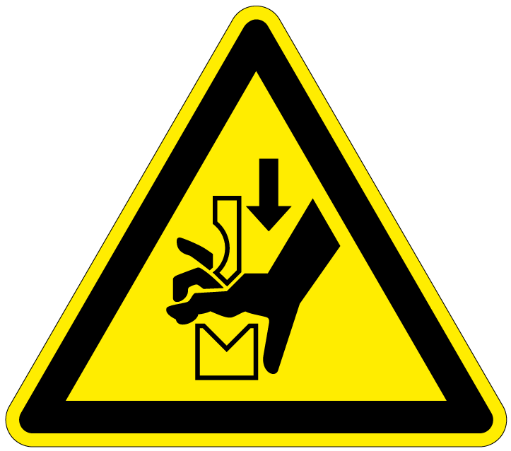 Pictogram knelling, geel zwart, driehoek, iso 7010, w030, beknelde vingers